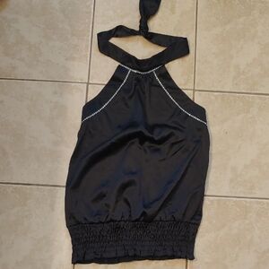 VTG Y2K Black Halter Top Silky Sequin Neckline Women's Size S